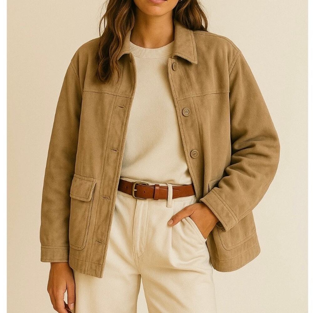 Y2K Ruff Hewn Tan Suede Leather Oversized Jacket Medium 90s Minimalist Chic - Picture 3 of 10